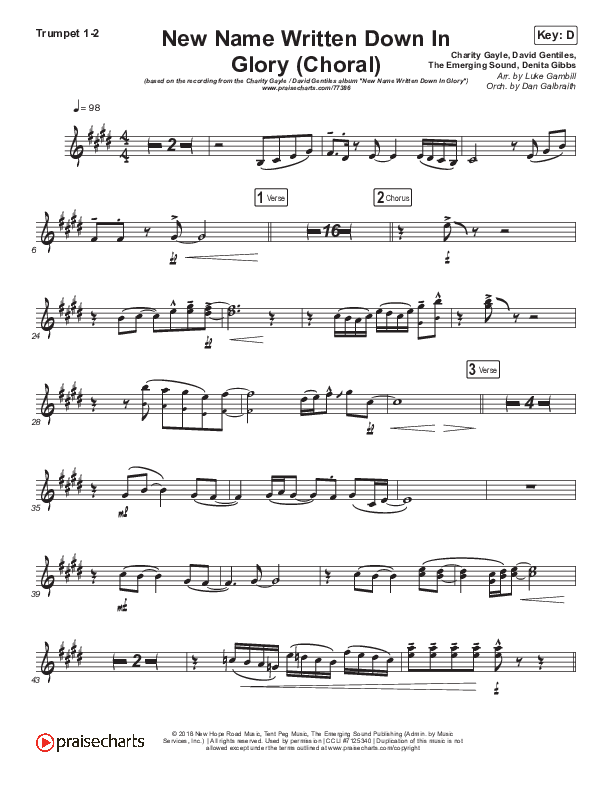 New Name Written Down In Glory (Choral Anthem SATB) Trumpet 1,2 (Arr. Luke Gambill / Charity Gayle / David Gentiles)