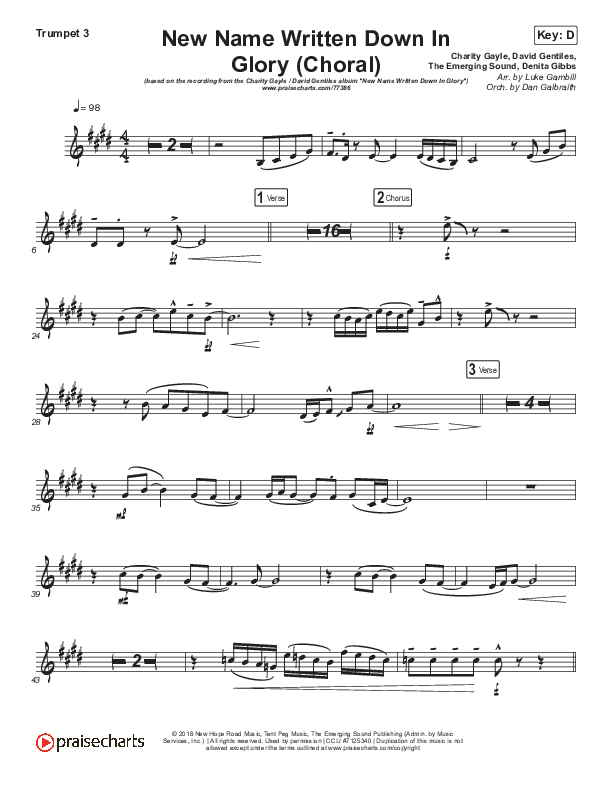 New Name Written Down In Glory (Choral Anthem SATB) Trumpet 3 (Arr. Luke Gambill / Charity Gayle / David Gentiles)