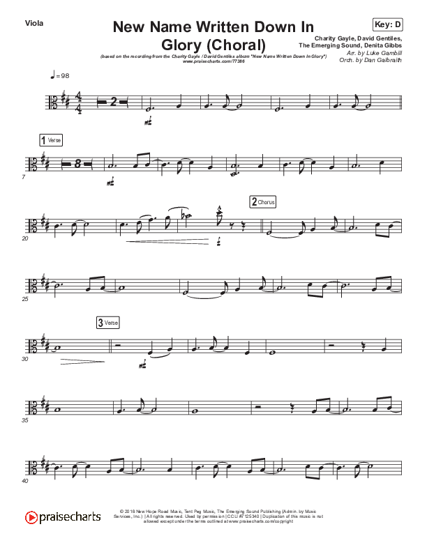 New Name Written Down In Glory (Choral Anthem SATB) Viola (Arr. Luke Gambill / Charity Gayle / David Gentiles)