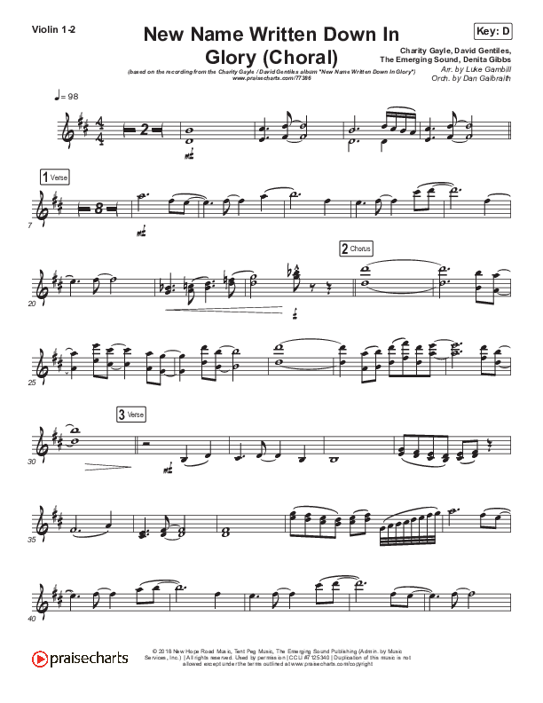 New Name Written Down In Glory (Choral Anthem SATB) Violin 1/2 (Arr. Luke Gambill / Charity Gayle / David Gentiles)