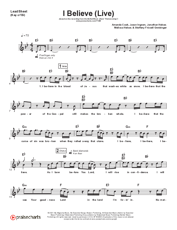 I Believe (Live) Lead Sheet (Melody) (Bethel Music / Melissa Helser / Jonathan David Helser)