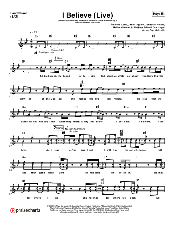 I Believe (Live) Lead Sheet (SAT) (Bethel Music / Melissa Helser / Jonathan David Helser)