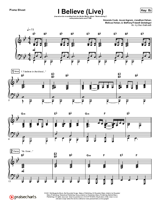 I Believe (Live) Piano Sheet (Bethel Music / Melissa Helser / Jonathan David Helser)