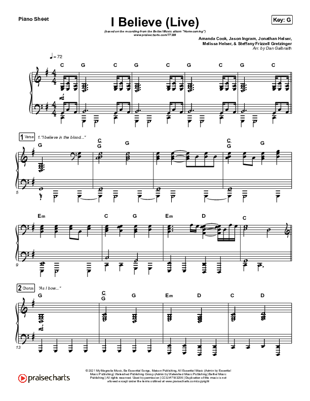 I Believe (Live) Piano Sheet (Bethel Music / Melissa Helser / Jonathan David Helser)