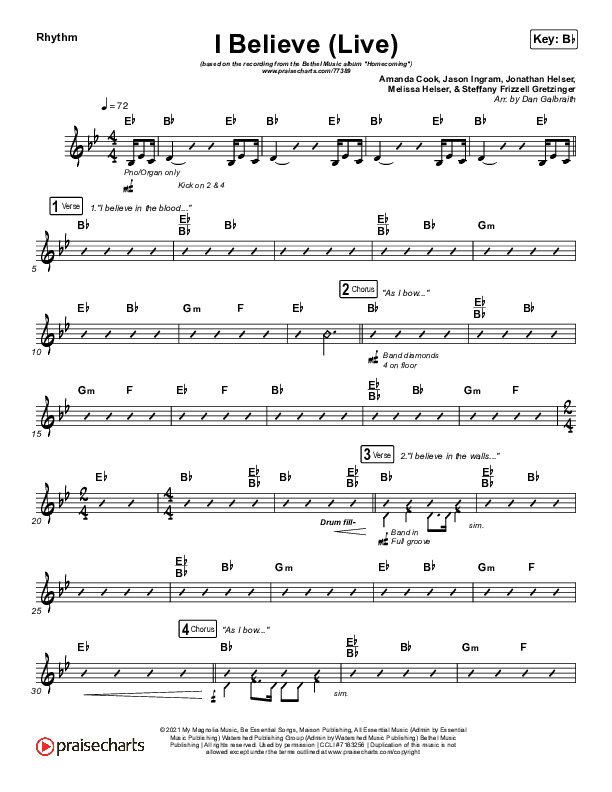 I Believe (Live) Rhythm Chart (Bethel Music / Melissa Helser / Jonathan David Helser)