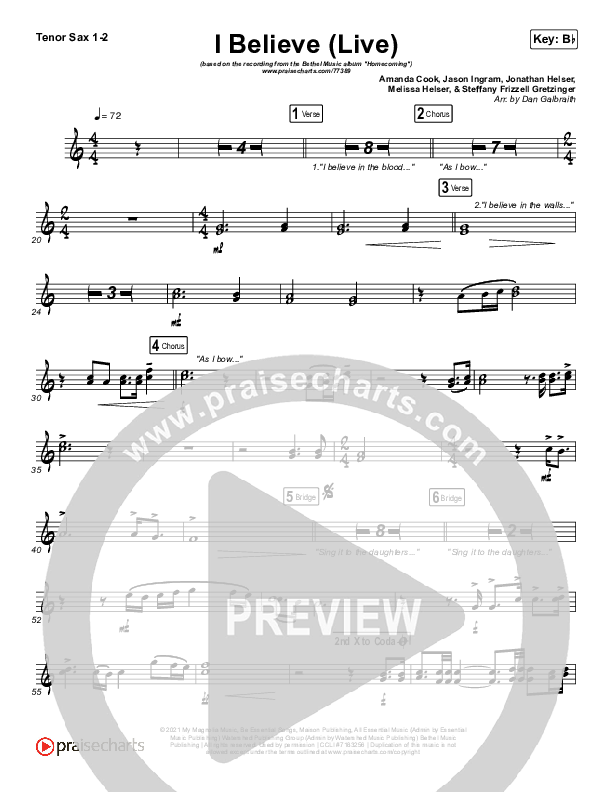 I Believe (Live) Tenor Sax 1/2 (Bethel Music / Melissa Helser / Jonathan David Helser)