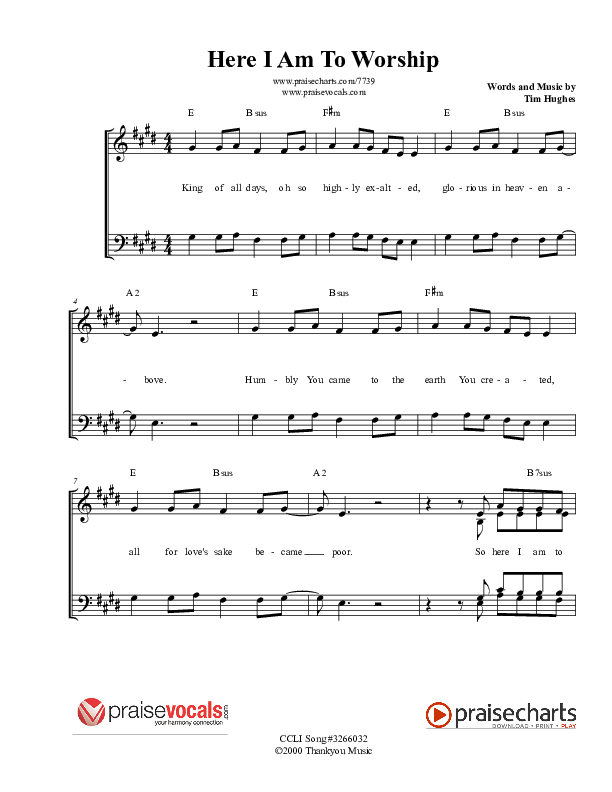 Here I Am To Worship Lead Sheet (PraiseVocals)