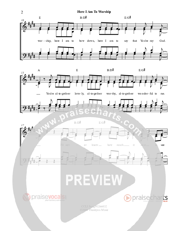 Here I Am To Worship Lead Sheet (PraiseVocals)