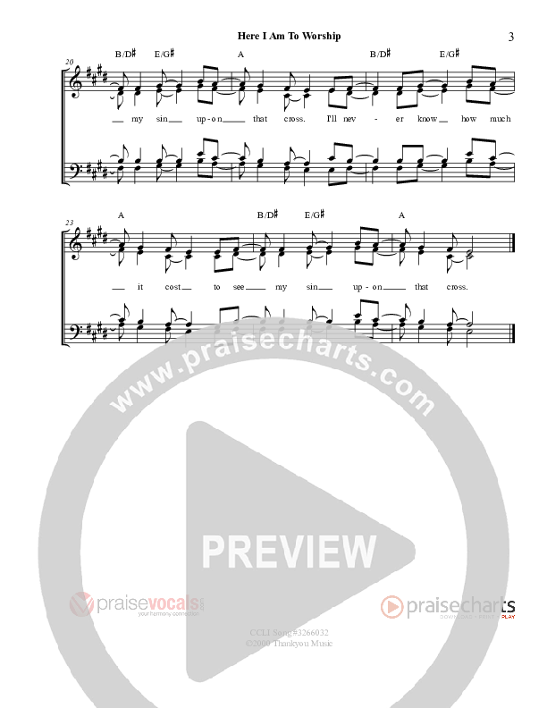 Here I Am To Worship Lead Sheet (PraiseVocals)