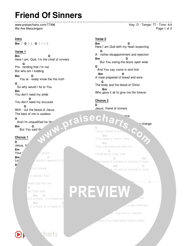 Friend Of Sinners Chords PDF (We Are Messengers) - PraiseCharts