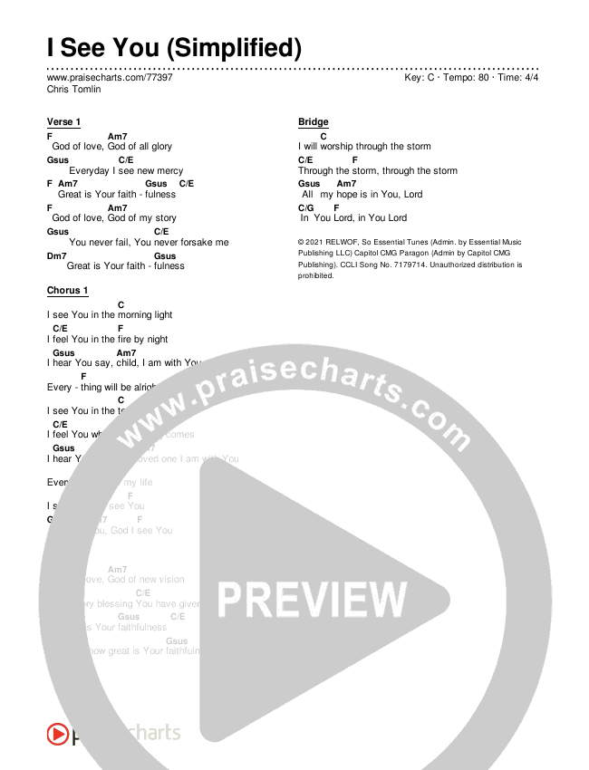 I See You (Simplified) Chord Chart (Chris Tomlin)