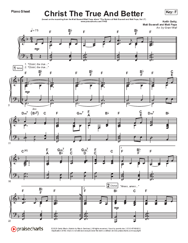Christ The True And Better Piano Sheet (Matt Boswell / Matt Papa)