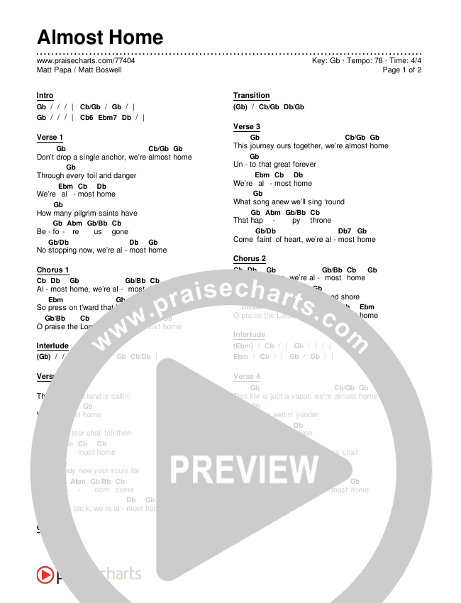 Almost Home (Acoustic) Chords & Lyrics (Matt Boswell / Matt Papa)