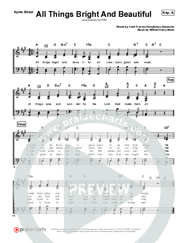 All Things Bright And Beautiful Hymn Sheet (Keith & Kristyn Getty / The Getty Girls)