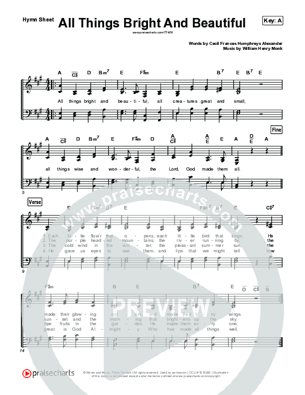 All Things Bright And Beautiful Hymn Sheet (Keith & Kristyn Getty / The Getty Girls)