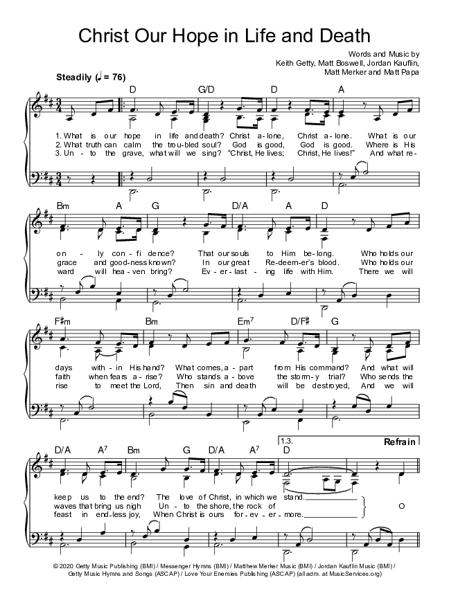 Christ Our Hope In Life And Death Hymn Sheet (Keith & Kristyn Getty / The Getty Girls)