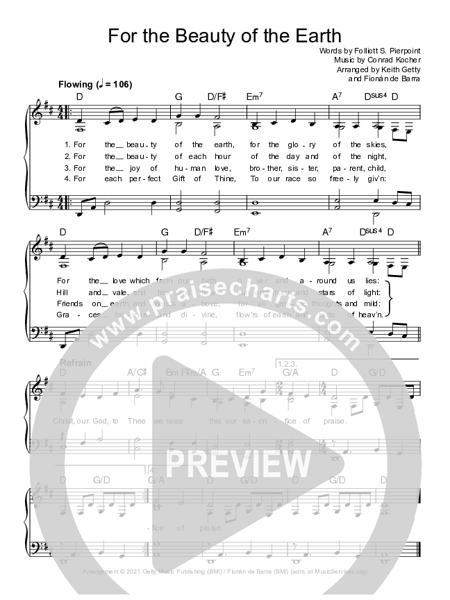 For The Beauty Of The Earth Hymn Sheet (Keith & Kristyn Getty / The Getty Girls)