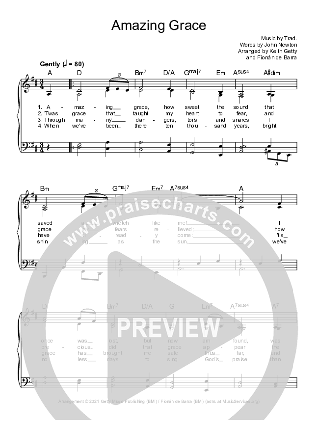 Amazing Grace Hymn Sheet (Keith & Kristyn Getty / The Getty Girls)