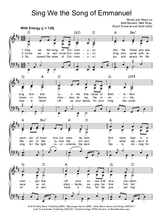 Sing We The Song Of Emmanuel Hymn Sheet (Keith & Kristyn Getty / The Getty Girls)