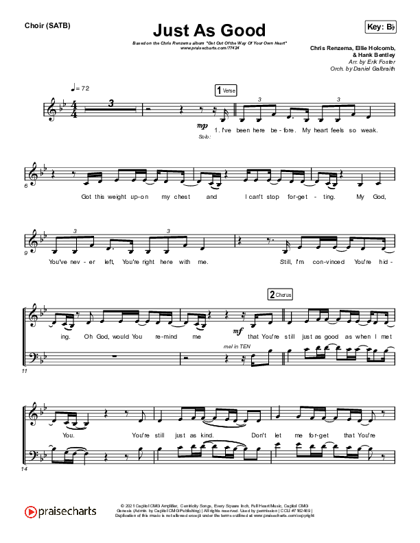 Just As Good Choir Sheet (SATB) (Chris Renzema / Ellie Holcomb)