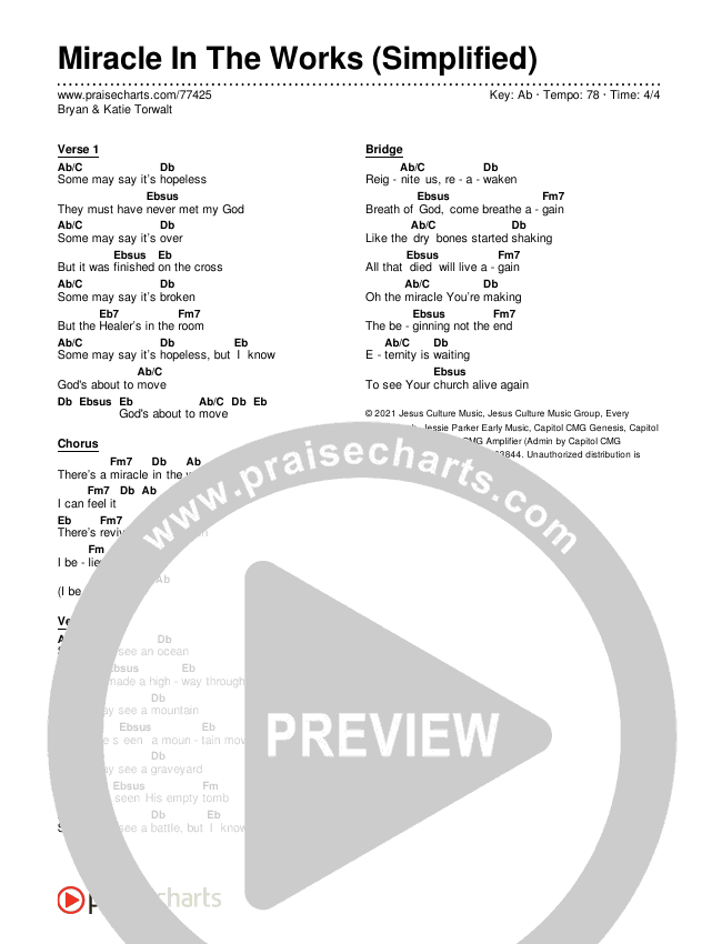Miracle In The Works (Simplified) Chord Chart (Bryan & Katie Torwalt)