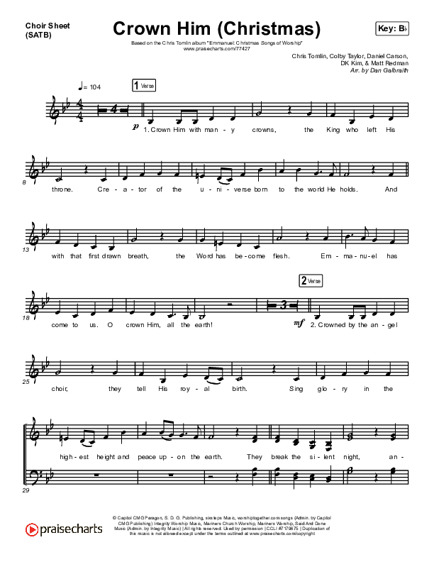 Crown Him (Christmas) (Live) Choir Sheet (SATB) (Chris Tomlin / Matt Redman)