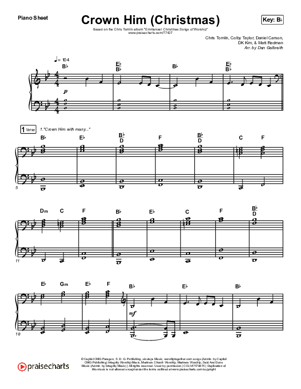Crown Him (Christmas) (Live) Piano Sheet (Chris Tomlin / Matt Redman)