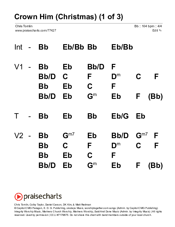 Crown Him (Christmas) (Live) Stage Chart (Chris Tomlin / Matt Redman)