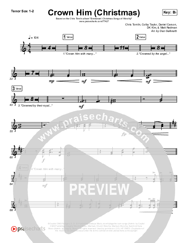 Crown Him (Christmas) (Live) Tenor Sax 1/2 (Chris Tomlin / Matt Redman)