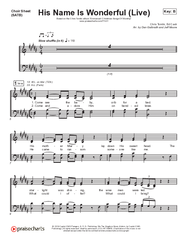 His Name Is Wonderful (Live) Choir Sheet (SATB) (Chris Tomlin)