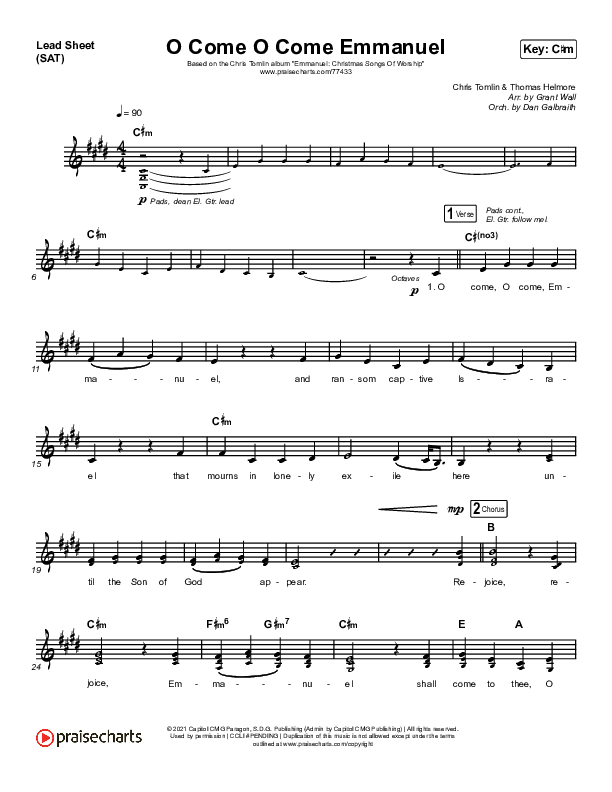 O Come O Come Emmanuel (Live) Lead Sheet (SAT) (Chris Tomlin)