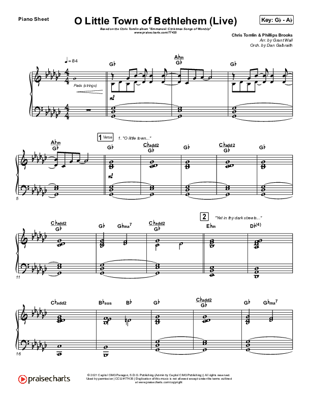 O Little Town Of Bethlehem (Live) Piano Sheet (Chris Tomlin)