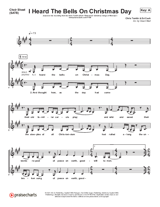 I Heard The Bells On Christmas Day (Live) Choir Sheet (SATB) (Chris Tomlin)