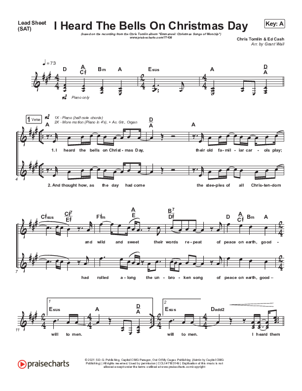 I Heard The Bells On Christmas Day (Live) Lead Sheet (SAT) (Chris Tomlin)