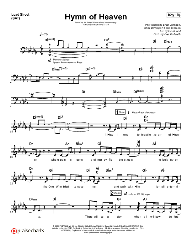 Hymn Of Heaven (Live) Lead Sheet (SAT) (Bethel Music / Brian Johnson / Zahriya Zachary)