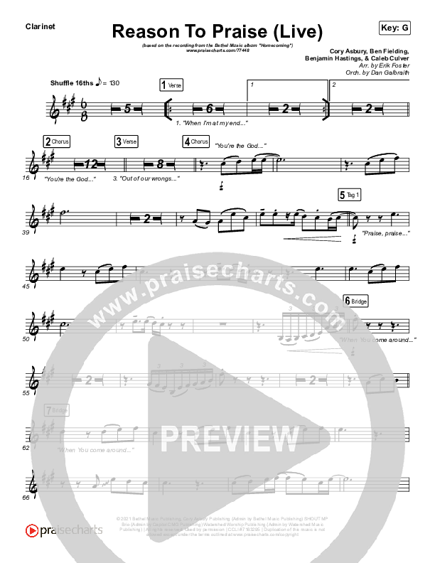 Reason To Praise (Live) Clarinet (Bethel Music / Cory Asbury / Naomi Raine)