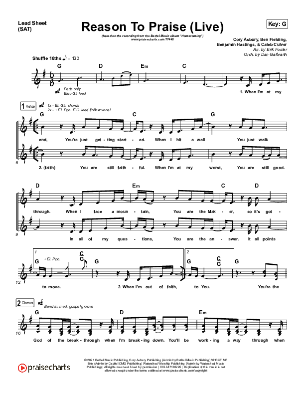 Reason To Praise (Live) Lead Sheet (SAT) (Bethel Music / Cory Asbury / Naomi Raine)