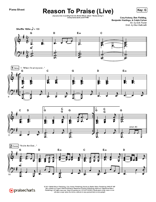 Reason To Praise (Live) Piano Sheet (Bethel Music / Cory Asbury / Naomi Raine)