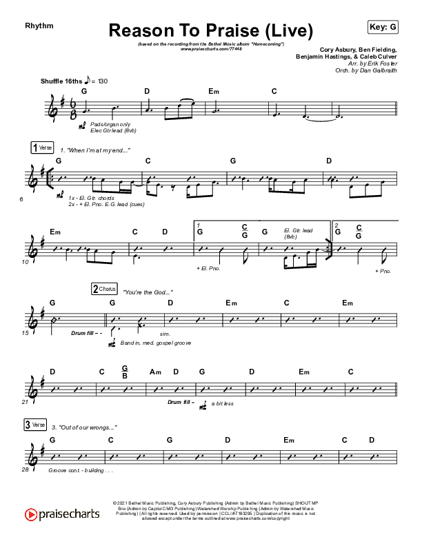 Reason To Praise (Live) Rhythm Chart (Bethel Music / Cory Asbury / Naomi Raine)