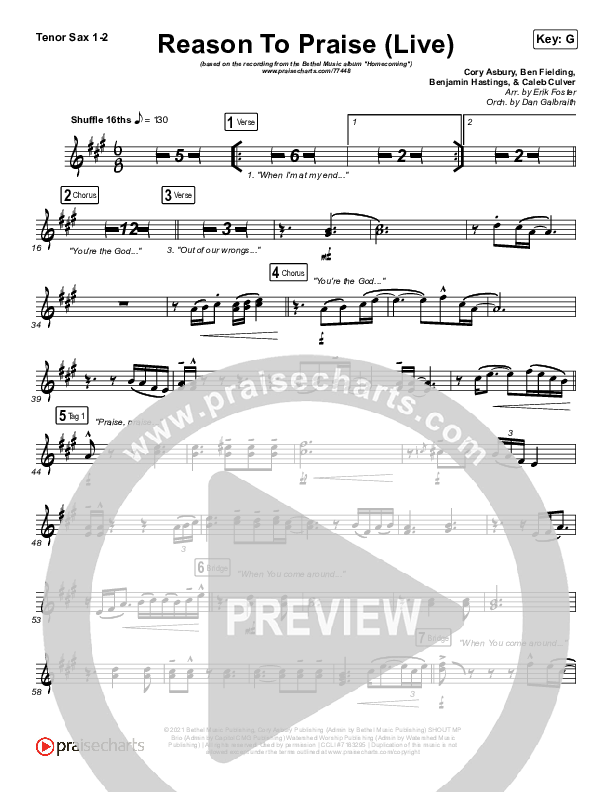 Reason To Praise (Live) Tenor Sax 1/2 (Bethel Music / Cory Asbury / Naomi Raine)