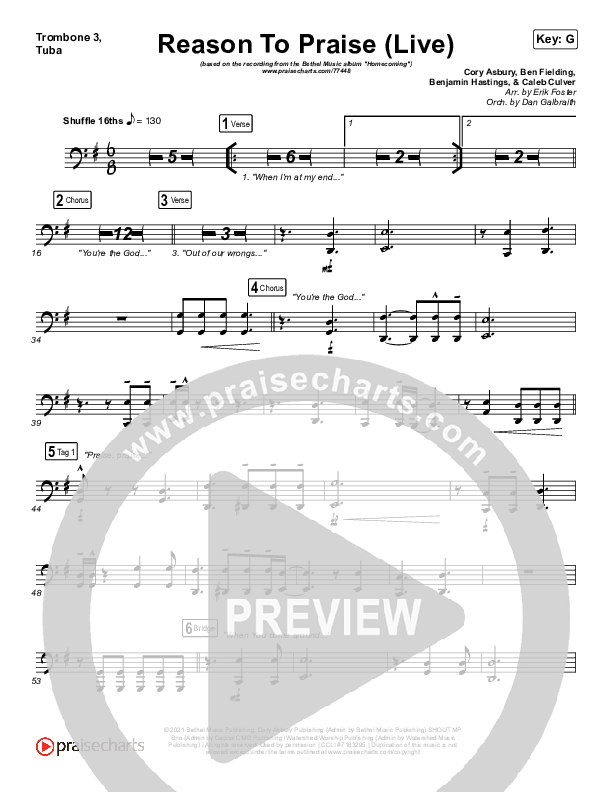 Reason To Praise (Live) Trombone 3/Tuba (Bethel Music / Cory Asbury / Naomi Raine)