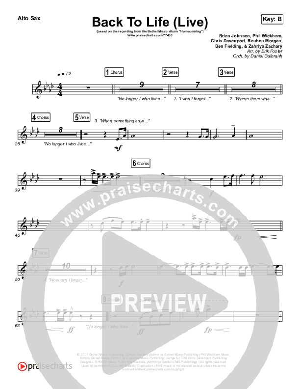 Back To Life (Live) Alto Sax (Bethel Music / Zahriya Zachary)