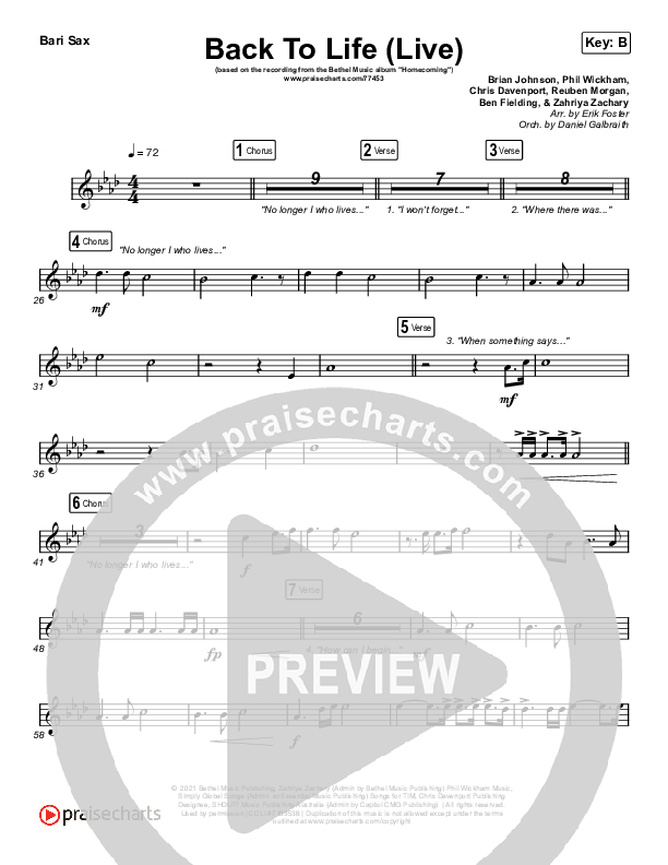 Back To Life (Live) Bari Sax (Bethel Music / Zahriya Zachary)