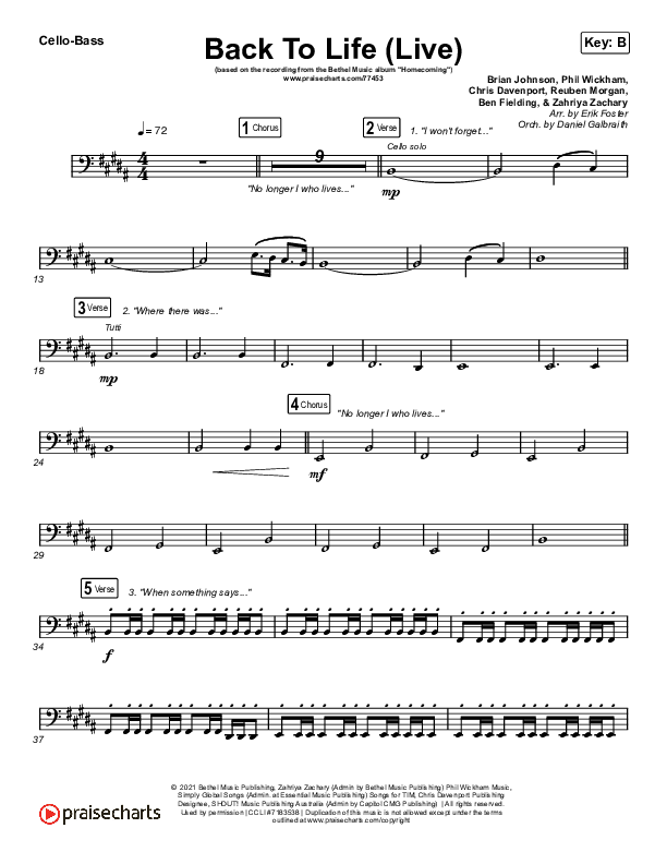 Back To Life (Live) Cello/Bass (Bethel Music / Zahriya Zachary)