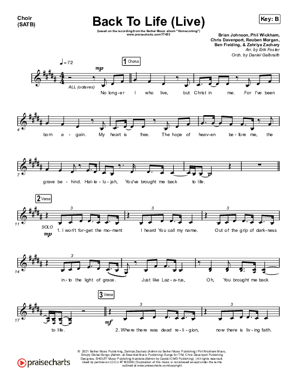 Back To Life (Live) Choir Sheet (SATB) (Bethel Music / Zahriya Zachary)