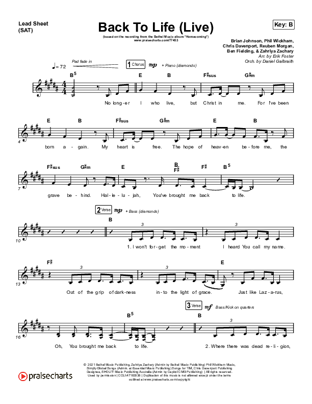 Back To Life (Live) Lead Sheet (SAT) (Bethel Music / Zahriya Zachary)