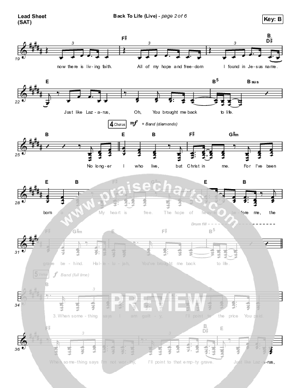 Back To Life (Live) Lead Sheet (SAT) (Bethel Music / Zahriya Zachary)