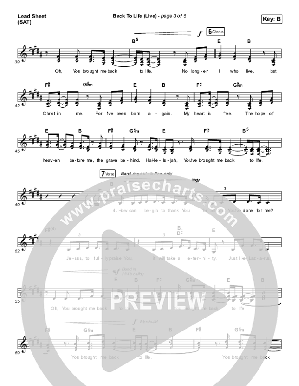 Back To Life (Live) Lead Sheet (SAT) (Bethel Music / Zahriya Zachary)