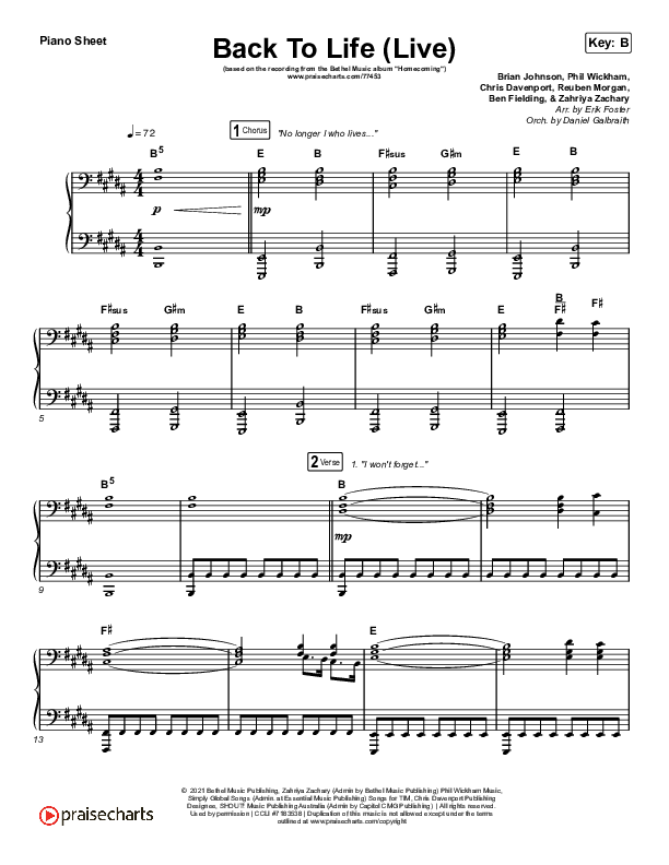 Back To Life (Live) Piano Sheet (Bethel Music / Zahriya Zachary)