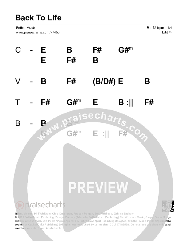 Back To Life (Live) Stage Chart (Bethel Music / Zahriya Zachary)